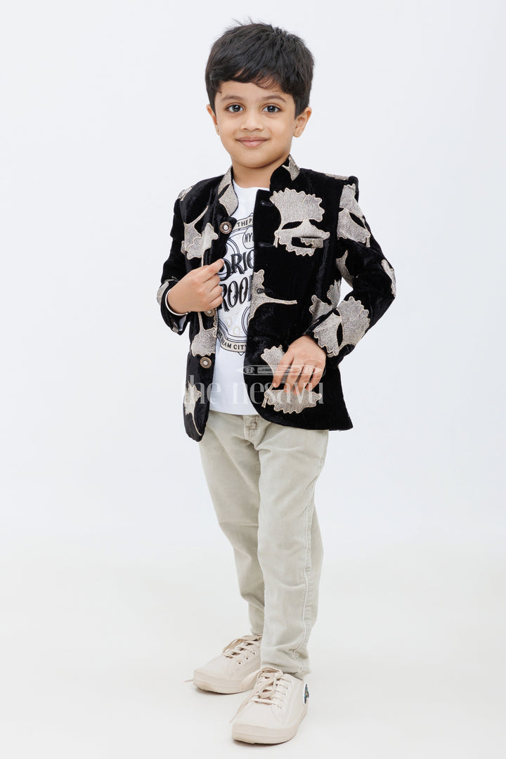 The Nesavu Boys Jacket Sets Black and White Velvet Boys Jacket Set with Grey Pants Nesavu 14 (6M) / Black BES574A-14 Black and White Boys Velvet Jacket Set Silver Leaf Motifs Grey Pants Festive Occasions