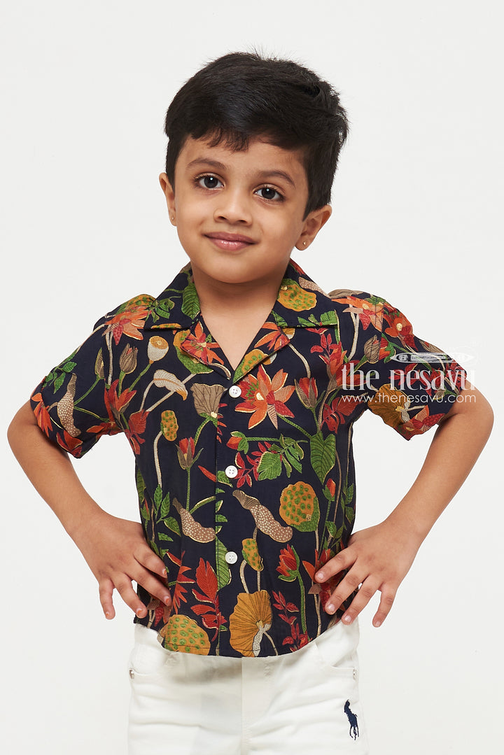 The Nesavu Boys Cotton Shirt Black Floral Design Shirt - Ideal for Casual and Vacation Wear Nesavu Black Floral Design Shirt - Casual & Vacation Wear for Kids