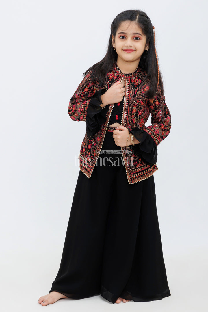 The Nesavu Girls Sharara / Plazo Set Black Georgette Embroidered Jacket and Palazzo Set for Girls with Paisley Motifs Nesavu Black Georgette Embroidered Jacket and Palazzo Set for Girls with Paisley Motifs Nesavu