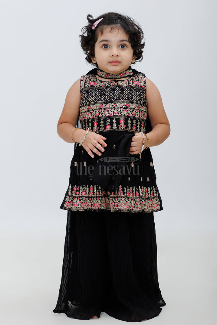 The Nesavu Girls Sharara / Plazo Set Black Georgette Embroidered Sharara Set for Girls with Peplum Top Nesavu 16 (1Y) / Black GPS373A-16 Black Georgette Embroidered Sharara Set for Girls with Peplum Top Nesavu