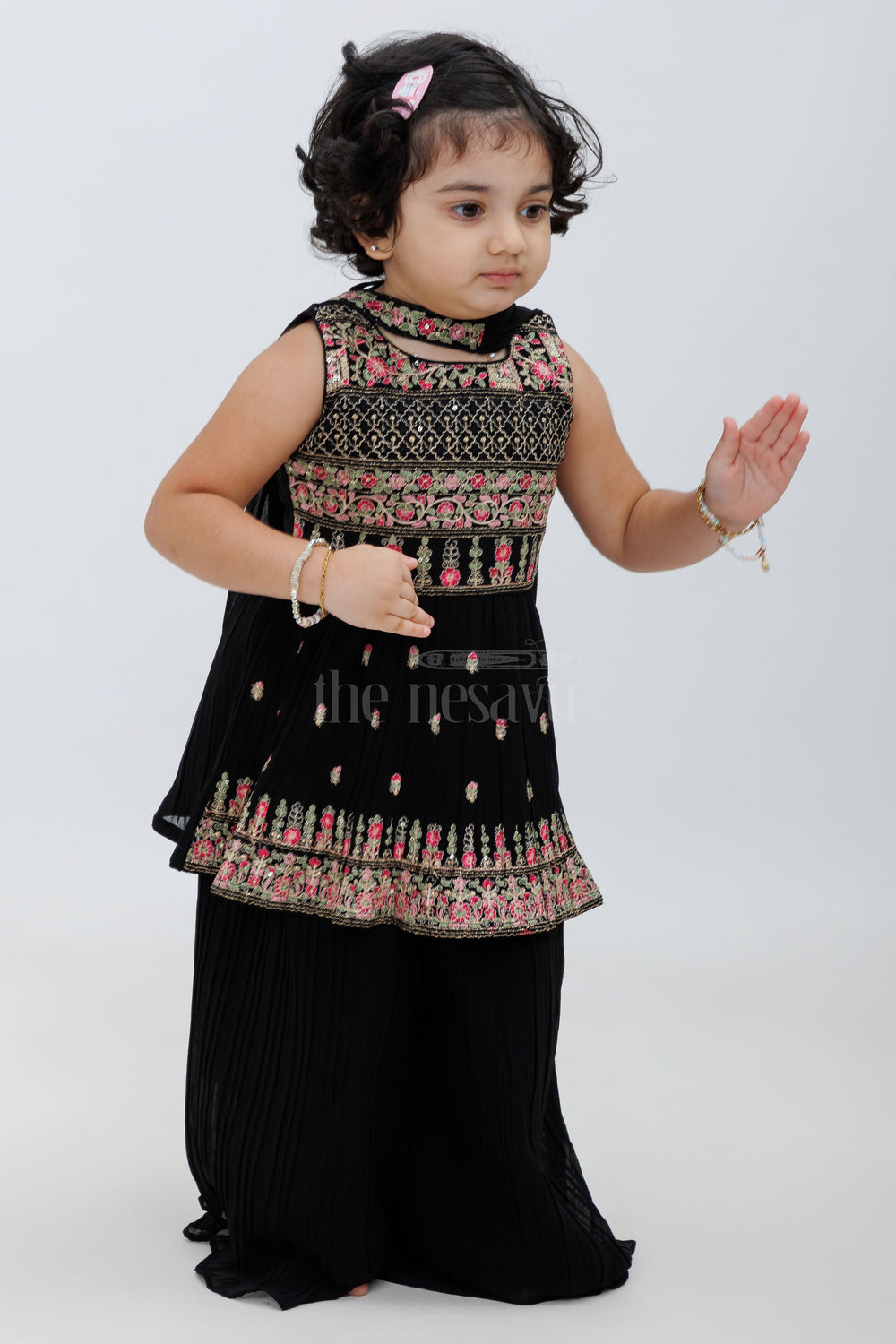 The Nesavu Girls Sharara / Plazo Set Black Georgette Embroidered Sharara Set for Girls with Peplum Top Nesavu Black Georgette Embroidered Sharara Set for Girls with Peplum Top Nesavu