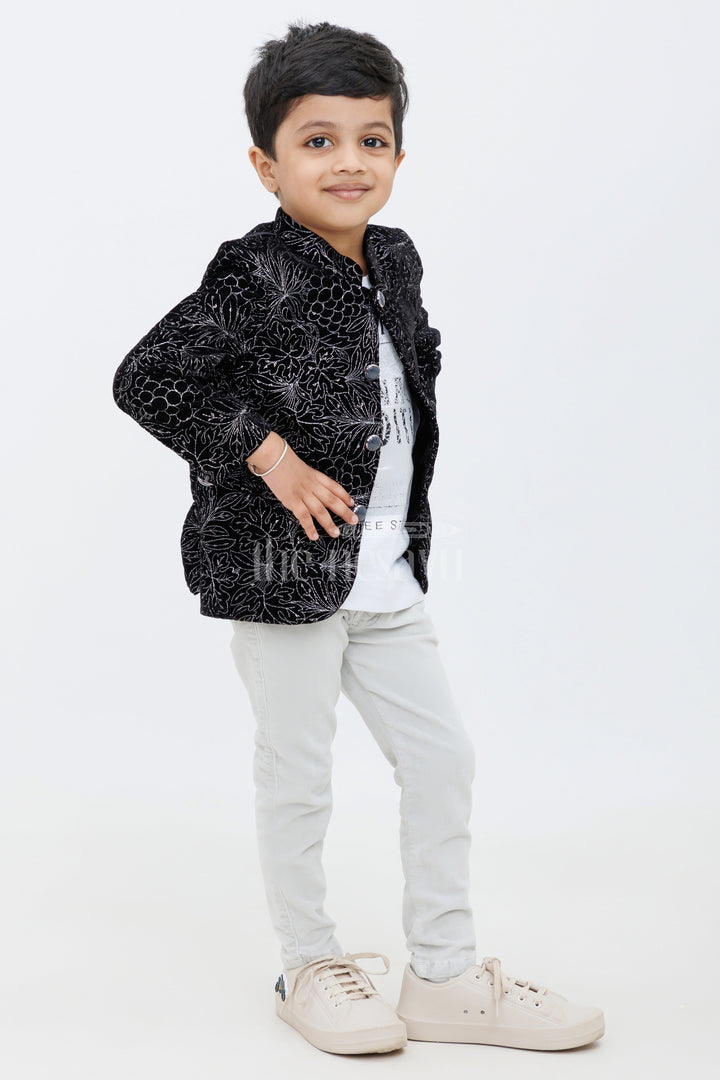 The Nesavu Boys Jacket Sets Black Velvet Boys Formal Jacket Set with Grey Pants Nesavu 14 (6M) / Black BES573A-14 Black Boys Velvet Formal Jacket Set Grey Pants Weddings Events