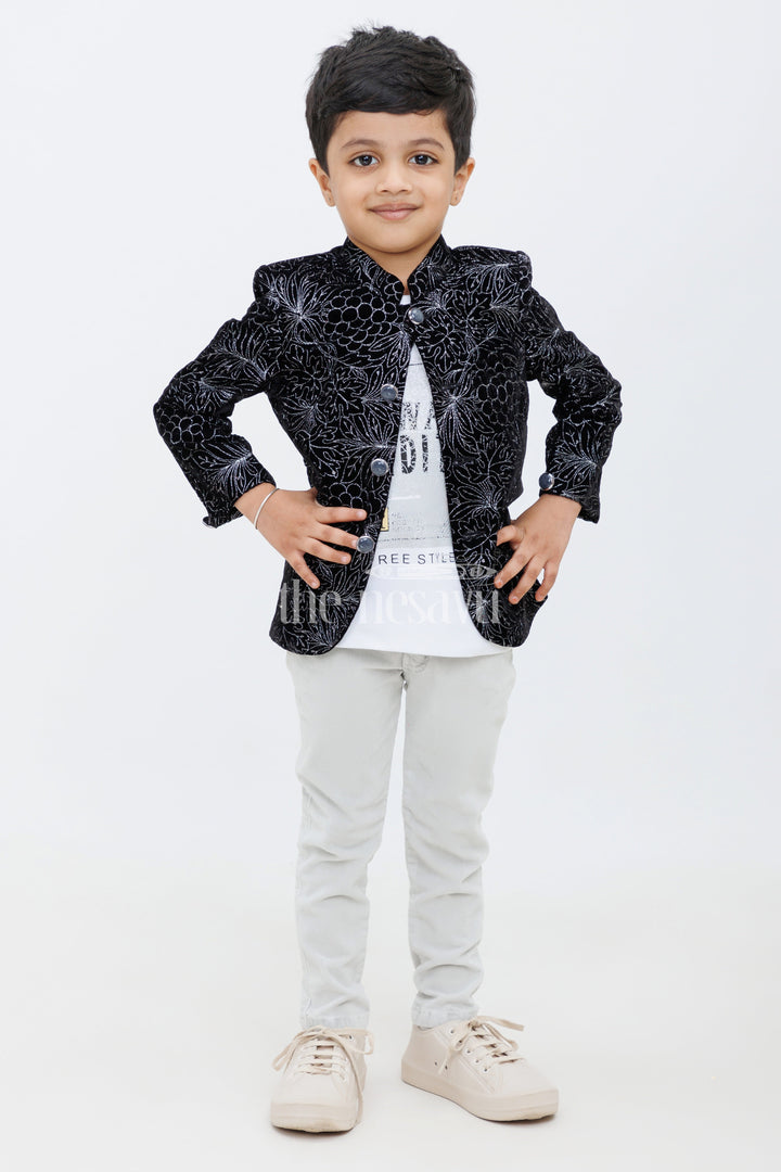 The Nesavu Boys Jacket Sets Black Velvet Boys Formal Jacket Set with Grey Pants Nesavu Black Boys Velvet Formal Jacket Set Grey Pants Weddings Events