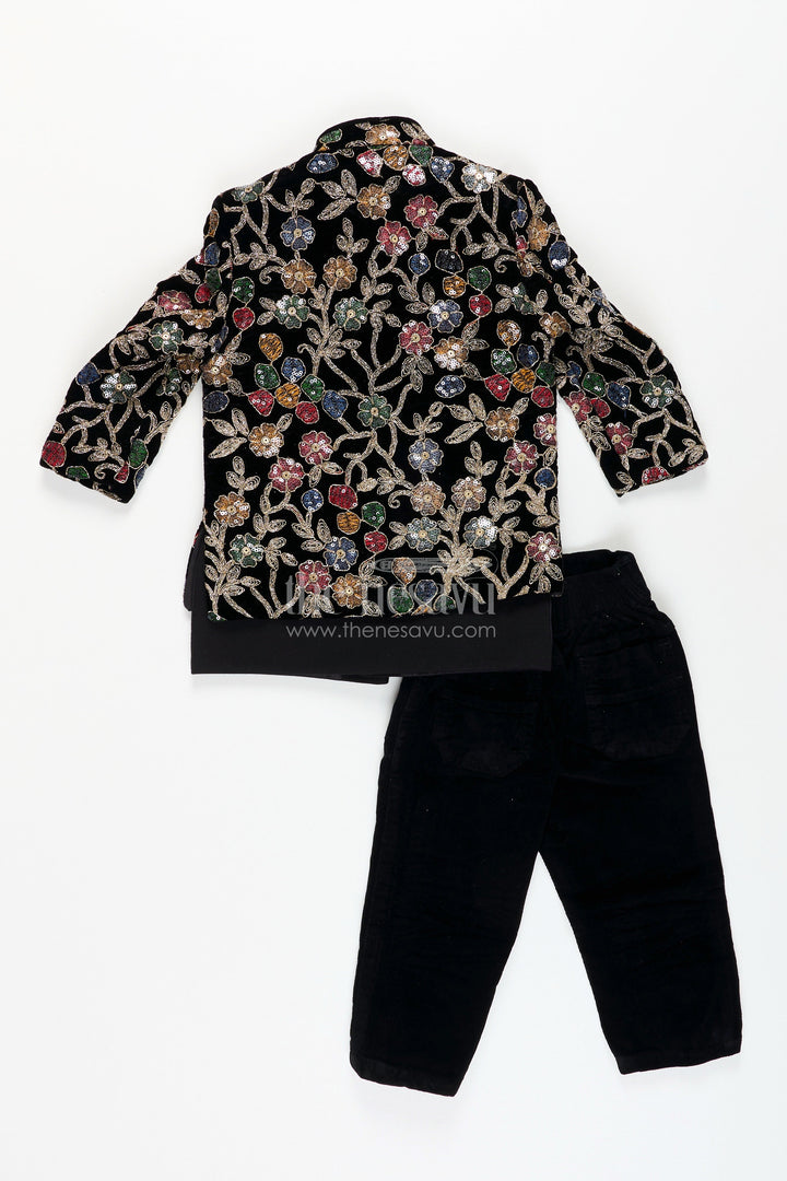 The Nesavu Boys Sherwani Black velvet floral embroidered boys sherwani with matching pants Nesavu Nesavu black velvet boys sherwani set with floral embroidery