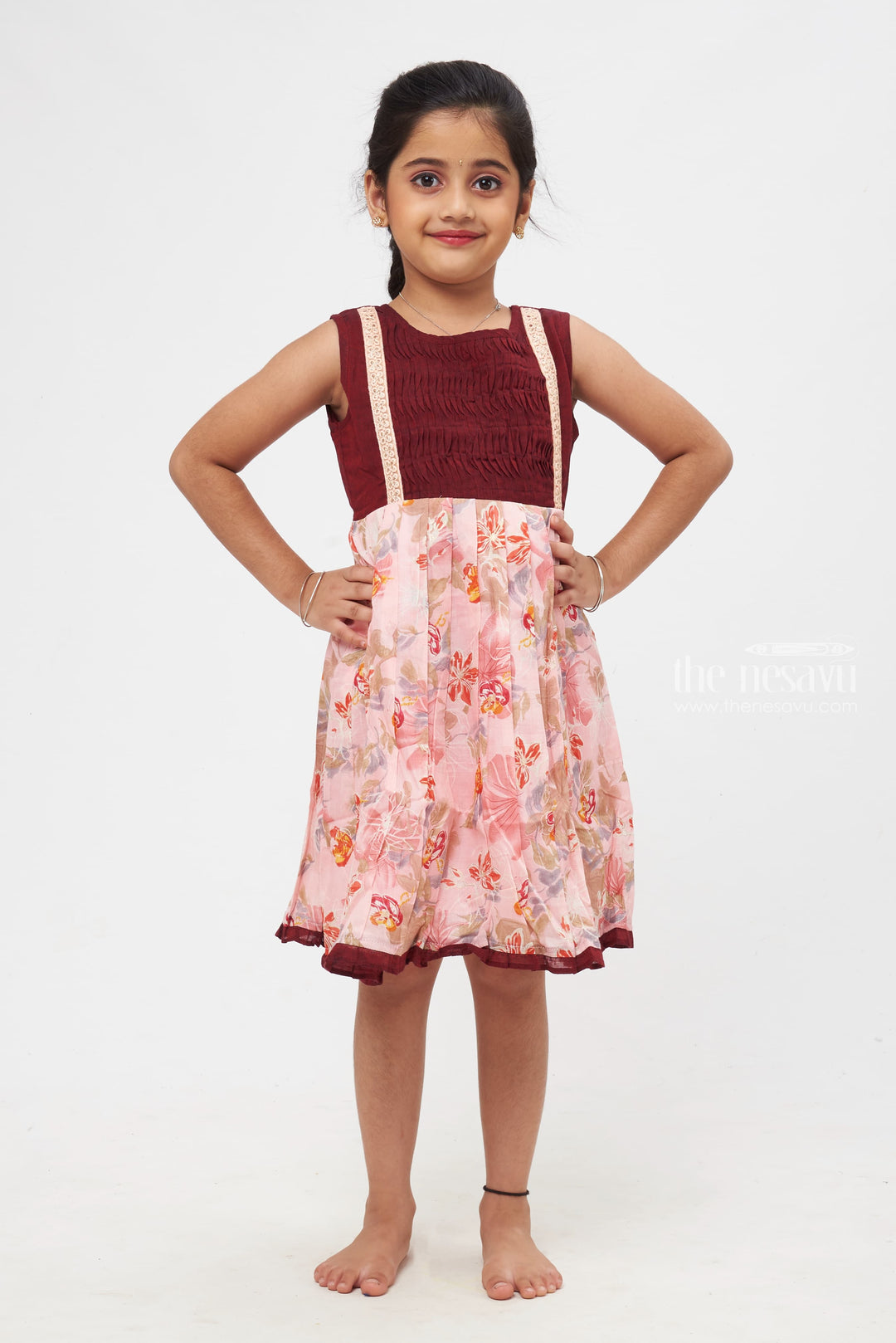 The Nesavu Girls Cotton Frock Blossom Bliss Maroon and Pink Floral Dress with Delicate Lace Nesavu 14 (6M) / Pink / Poly Crepe GFC1167B-14 Timeless Cotton Frocks for Girls | Girls Daily Wear Cotton Frocks | The Nesavu