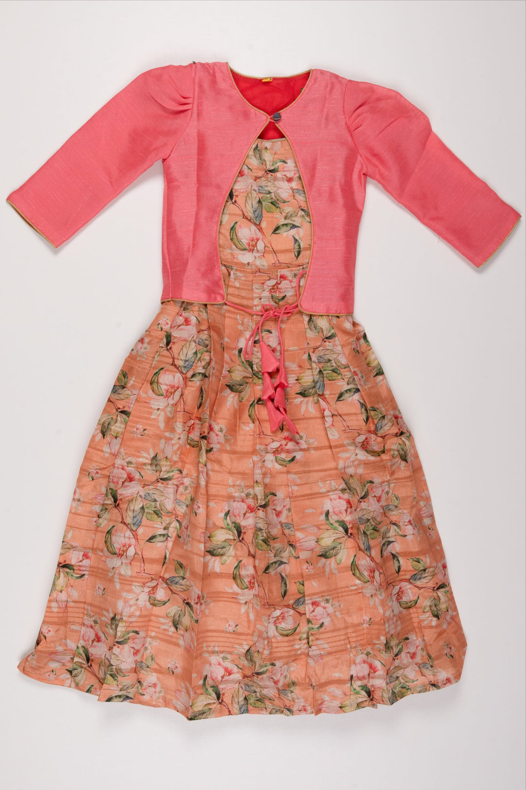 The Nesavu Girls Silk Gown Blossom Blush: Floral TieUp Anarkali Gown with Pink Blouse for Girls Nesavu 16 (1Y) / Pink / Blend Silk GA182C-16 Floral Anarkali Gown with Bolero for Girls | The Nesavu Collection