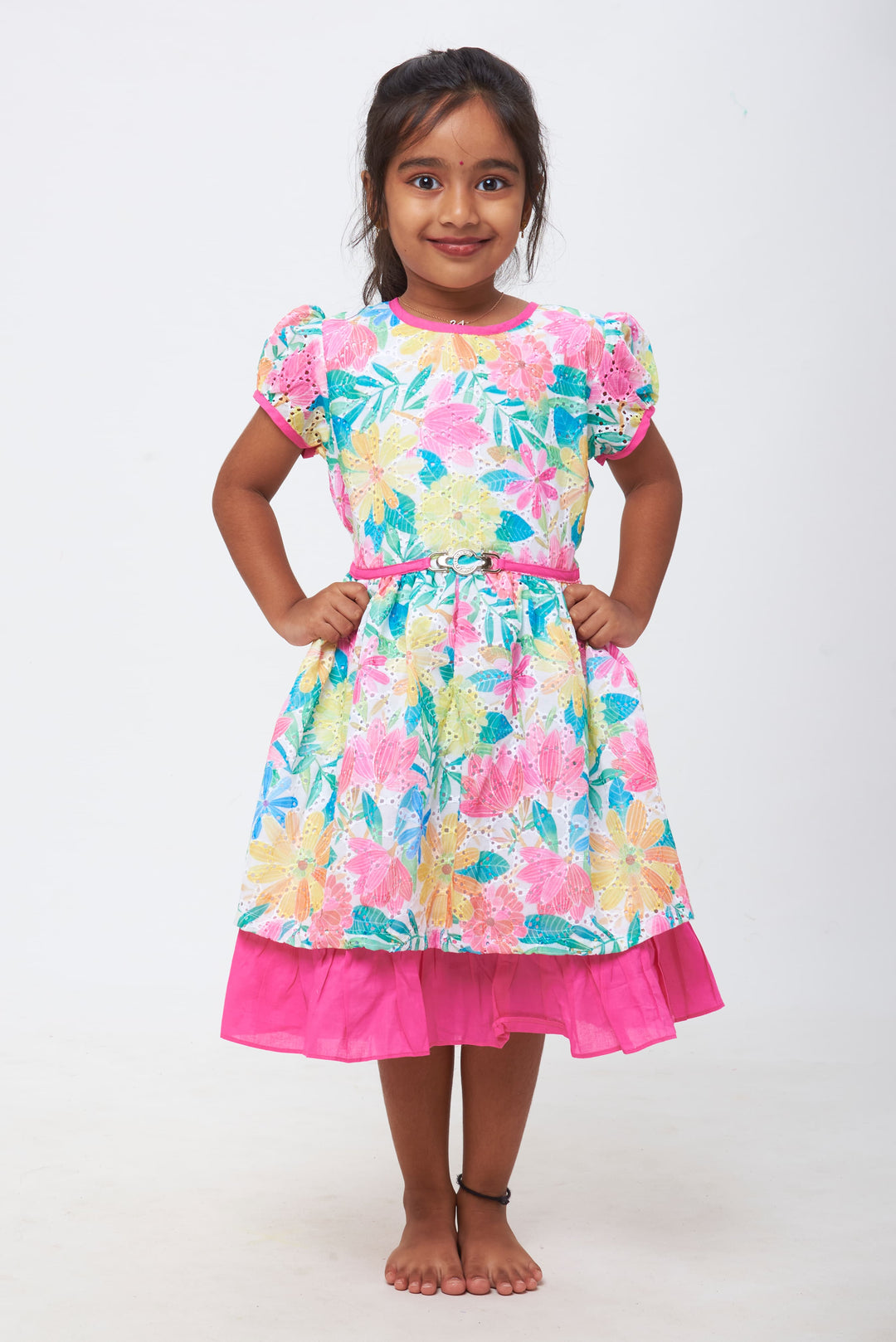 The Nesavu Girls Cotton Frock Blossom Radiance Dress - Floral Vibrancy with Magenta Accents Nesavu 16 (1Y) / Pink / Cotton GFC1172B-16 Cotton Comfort, Playful Patterns | Perfect Frocks for Girls | The Nesavu