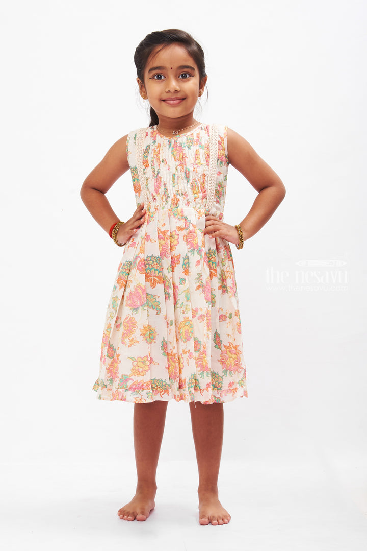 The Nesavu Girls Cotton Frock Blossoming Chanderi Cotton Frock for Girls: Floral Fantasy Nesavu 16 (1Y) / Half white GFC1226A-16 Girls Floral Chanderi Cotton Frock | Perfect Summer Dress for Kids | The Nesavu