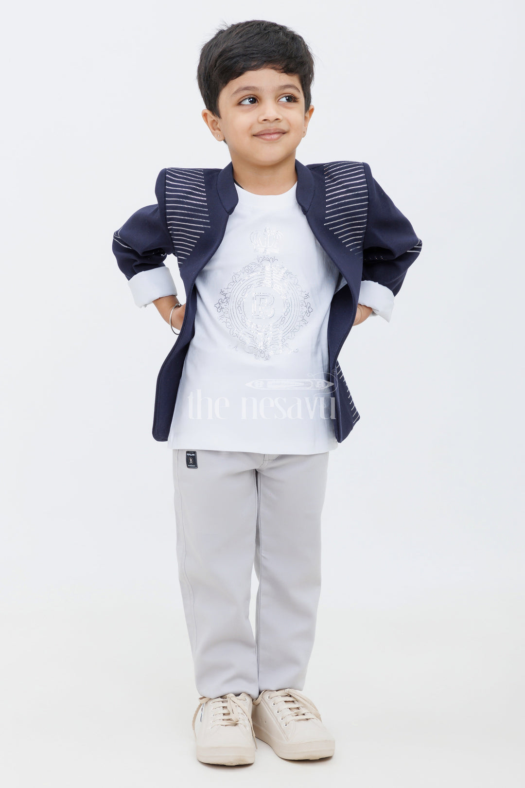 The Nesavu Boys Blazer Set Blue and Beige Boys Blazer Set with Sequin Embellished Jacket for Formal Wear Nesavu Blue and Beige Boys Blazer Set with Sequin Embellished Jacket Nesavu