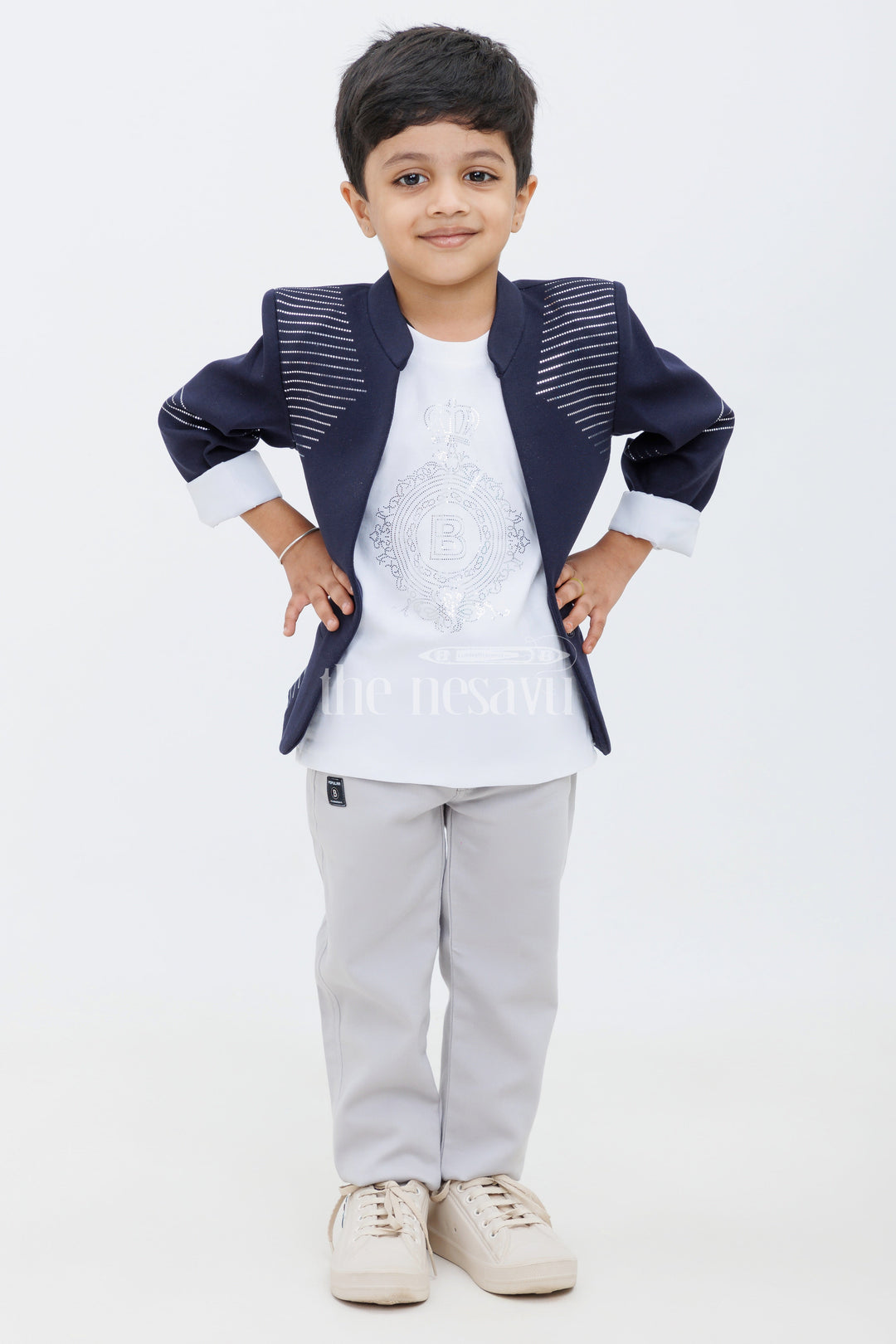 The Nesavu Boys Blazer Set Blue and Beige Boys Blazer Set with Sequin Embellished Jacket for Formal Wear Nesavu Blue and Beige Boys Blazer Set with Sequin Embellished Jacket Nesavu