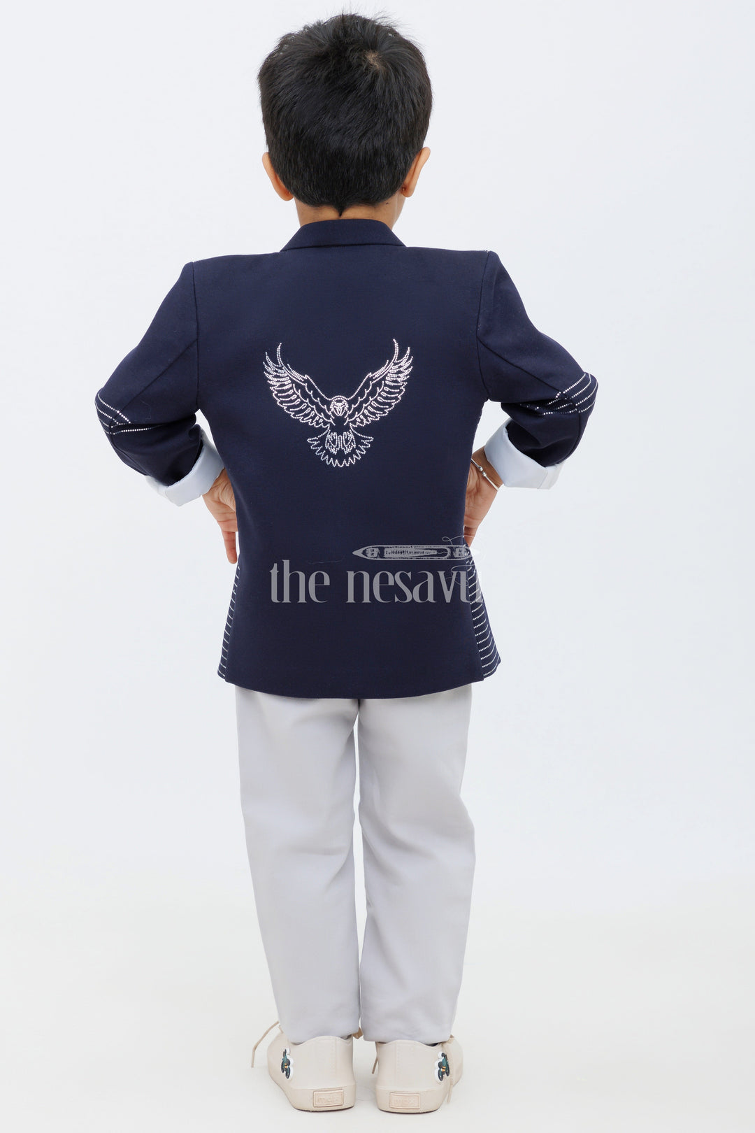 The Nesavu Boys Blazer Set Blue and Beige Boys Blazer Set with Sequin Embellished Jacket for Formal Wear Nesavu Blue and Beige Boys Blazer Set with Sequin Embellished Jacket Nesavu