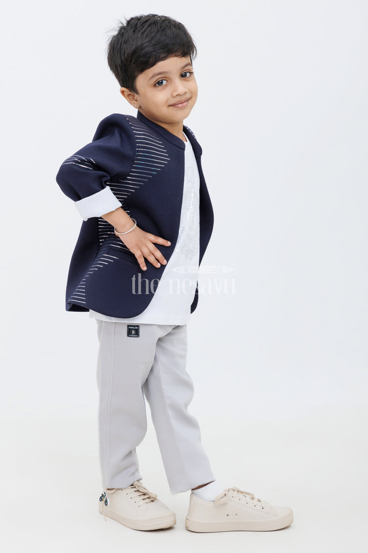 The Nesavu Boys Blazer Set Blue and Beige Boys Blazer Set with Sequin Embellished Jacket for Formal Wear Nesavu Blue and Beige Boys Blazer Set with Sequin Embellished Jacket Nesavu