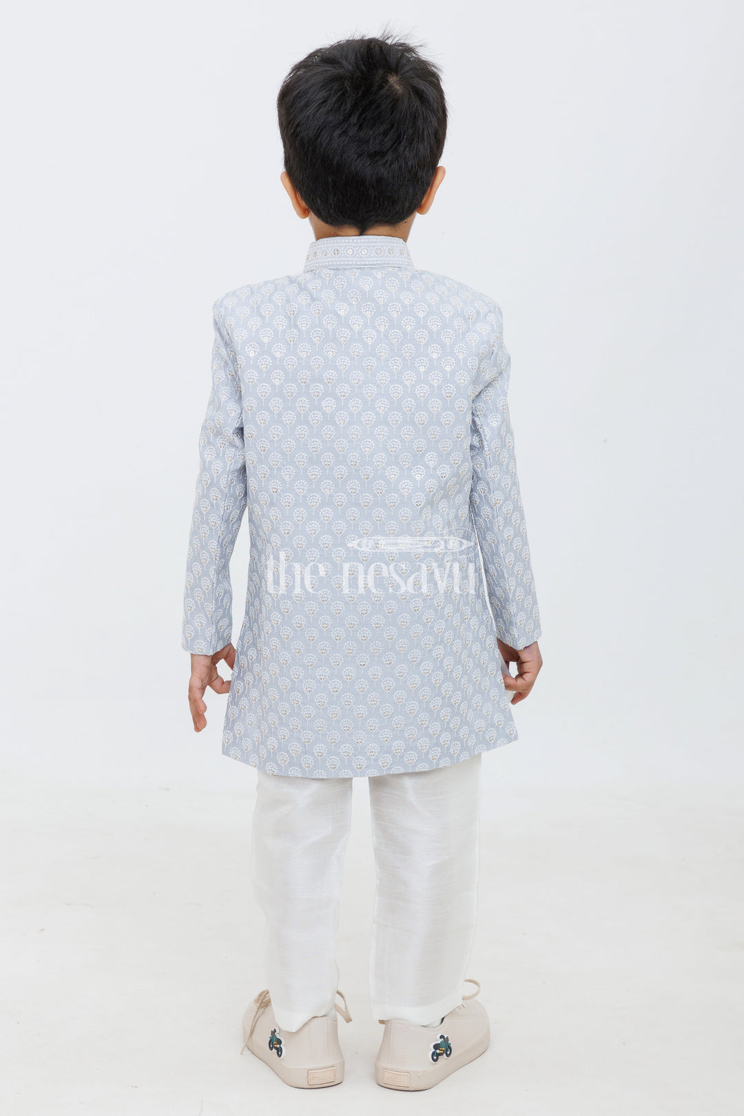 The Nesavu Boys Sherwani Blue and Cream Boys Sherwani Set with Jacquard Kurta Nesavu Blue Boys Sherwani Set Jacquard Kurta Cream Pants Weddings