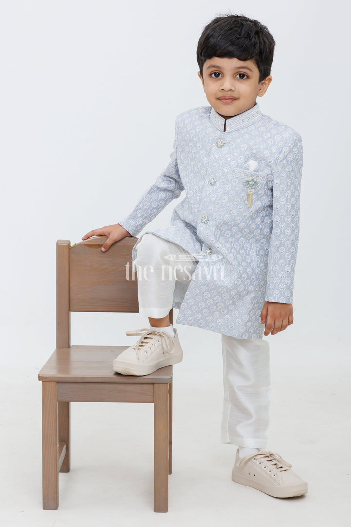 The Nesavu Boys Sherwani Blue and Cream Boys Sherwani Set with Jacquard Kurta Nesavu Blue Boys Sherwani Set Jacquard Kurta Cream Pants Weddings