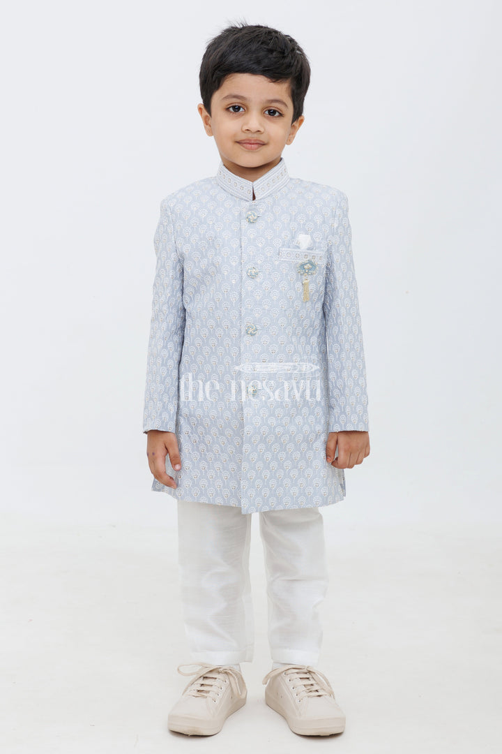 The Nesavu Boys Sherwani Blue and Cream Boys Sherwani Set with Jacquard Kurta Nesavu Blue Boys Sherwani Set Jacquard Kurta Cream Pants Weddings