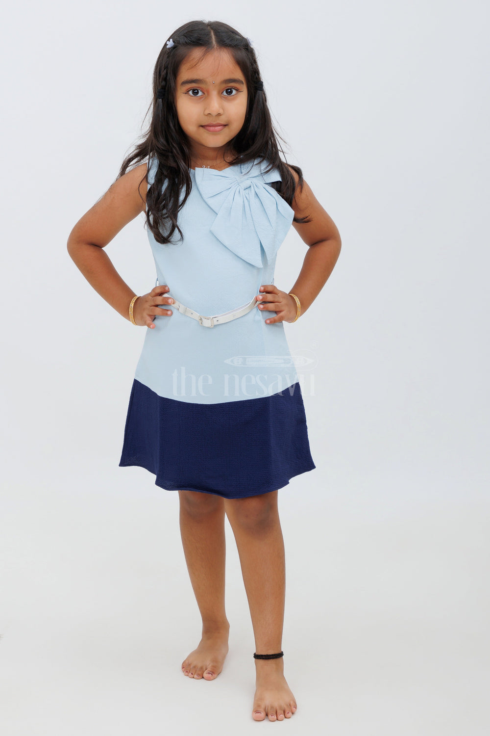 The Nesavu Girls Fancy Frock Blue and Navy Sleeveless Frock with Large Bow Accent Nesavu Blue and Navy Sleeveless Frock with Large Bow Accent - Nesavu