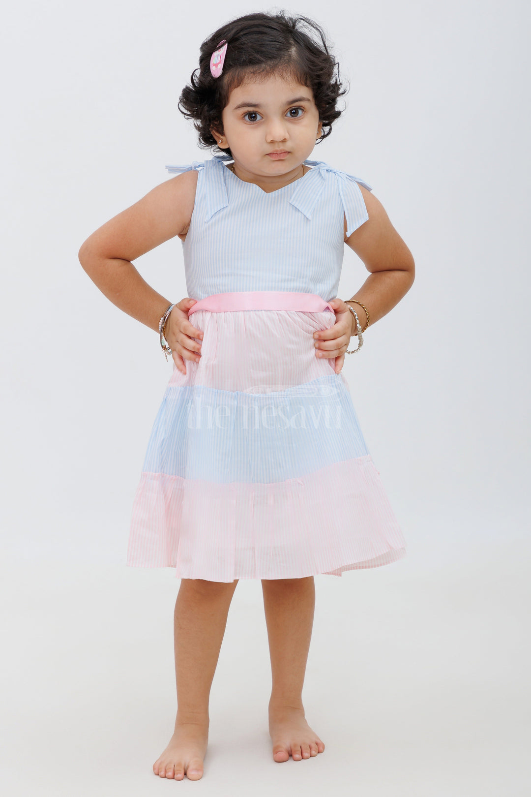 The Nesavu Baby Cotton Frocks Blue and Pink Tiered Sleeveless Cotton Frock Nesavu 16 (1Y) / Blue BFJ588A-16 Blue and Pink Tiered Sleeveless Cotton Frock - Nesavu