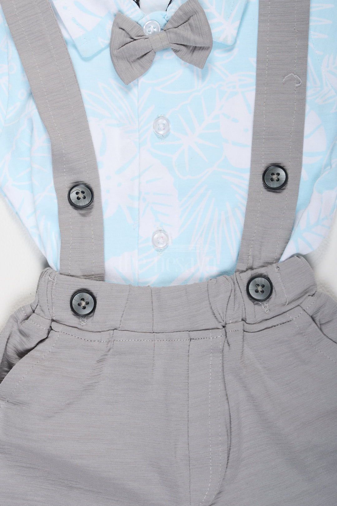 The Nesavu Baby Dungarees Blue Baby Suspender Set with Tropical Leaf Print Shirt and Bow Tie for Baby Nesavu Light Blue Baby Suspender Set Tropical Leaf Shirt Gray Bow Tie Nesavu Baby Semi-Formal Outfit