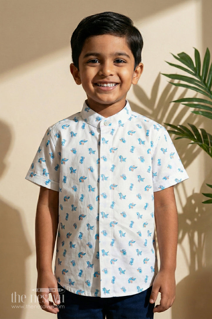 The Nesavu Boys Cotton Shirt Blue Beach Shirt for Boys with Fun Dino Print Half Sleeves Lightweight Cotton Fabric Nesavu 16 (1Y) / Blue BS194A-16 Blue Dino Print Boys Cotton Beach Shirt Nesavu Fun Half Sleeves Lightweight Casual Wear Summer