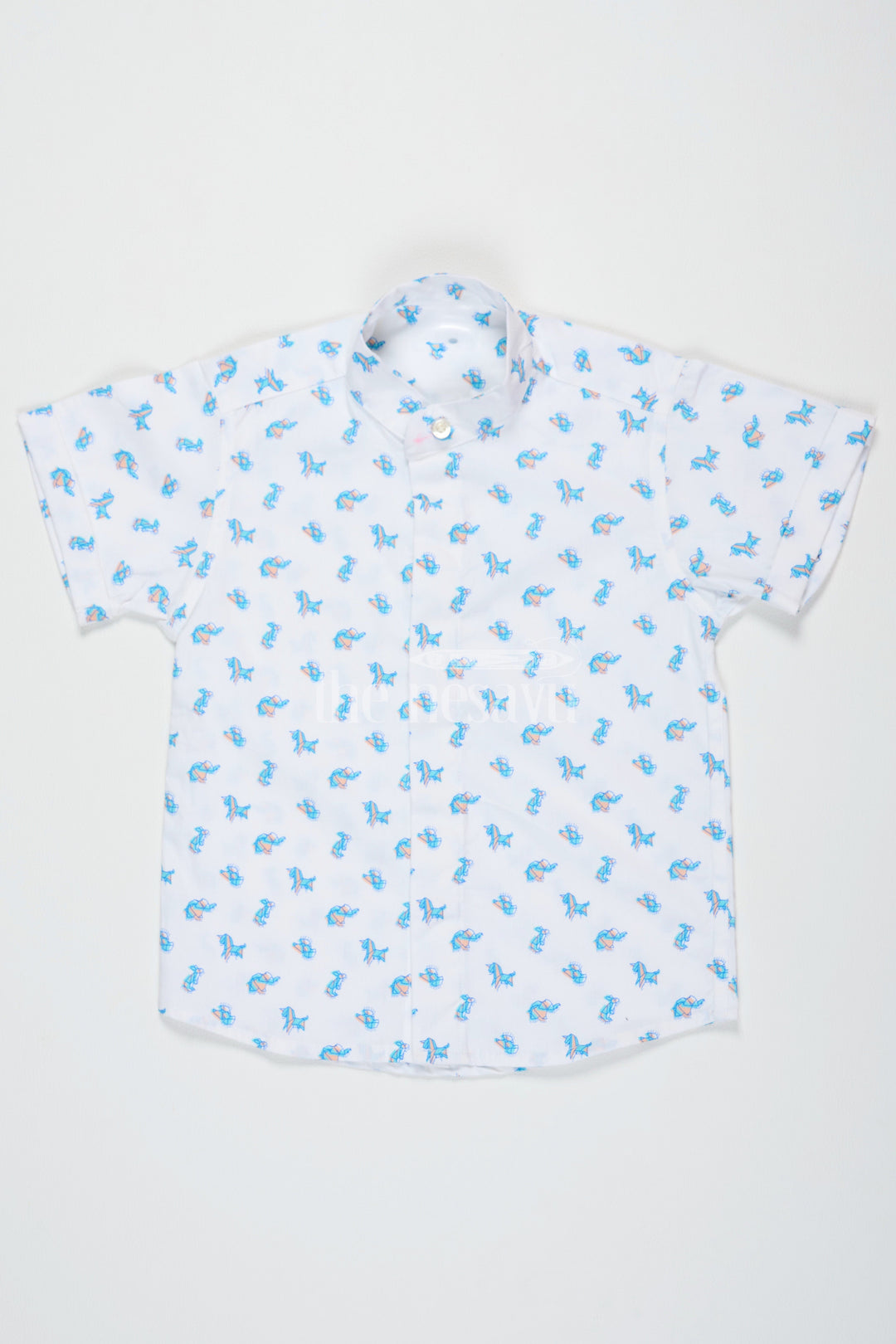 The Nesavu Boys Cotton Shirt Blue Beach Shirt for Boys with Fun Dino Print Half Sleeves Lightweight Cotton Fabric Nesavu 16 (1Y) / Blue BS194A-16 Blue Dino Print Boys Cotton Beach Shirt Nesavu Fun Half Sleeves Lightweight Casual Wear Summer