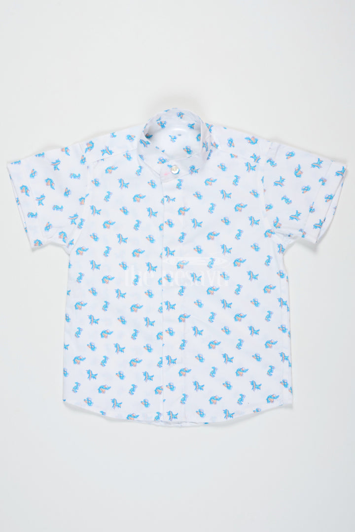 The Nesavu Boys Cotton Shirt Blue Beach Shirt for Boys with Fun Dino Print Half Sleeves Lightweight Cotton Fabric Nesavu 16 (1Y) / Blue BS194A-16 Blue Dino Print Boys Cotton Beach Shirt Nesavu Fun Half Sleeves Lightweight Casual Wear Summer