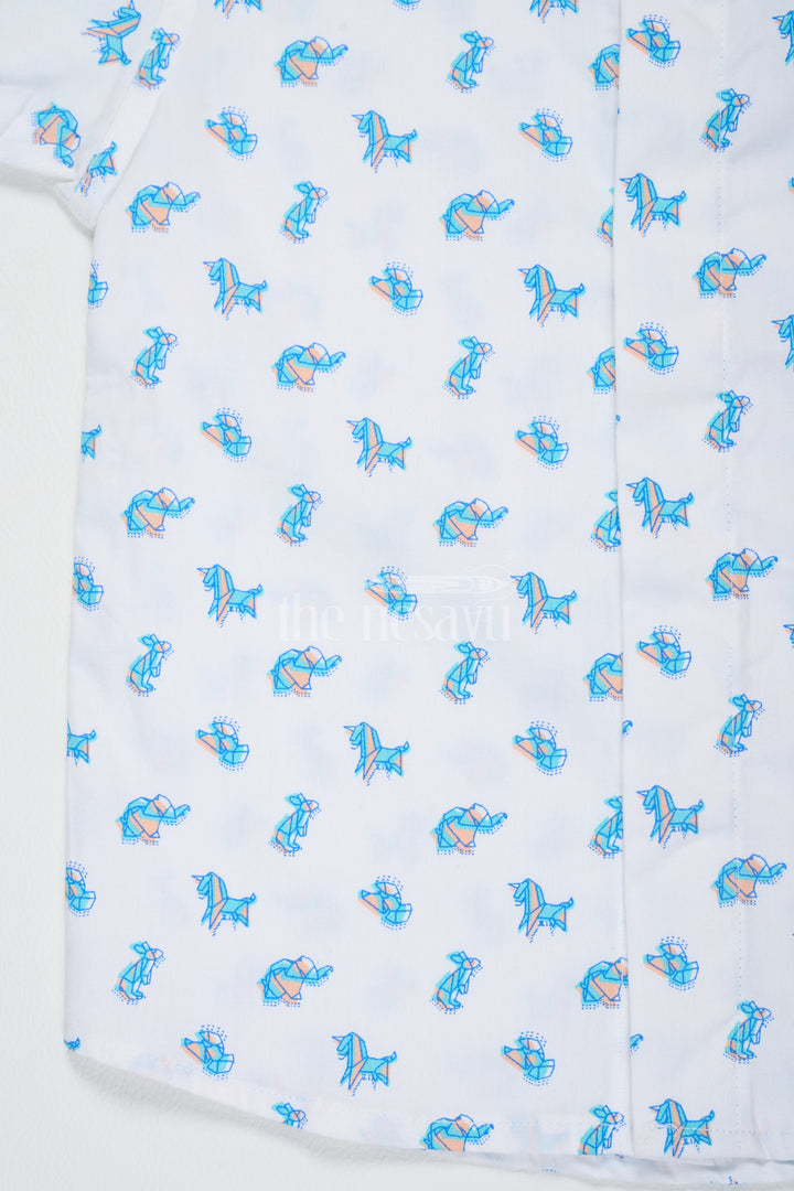 The Nesavu Boys Cotton Shirt Blue Beach Shirt for Boys with Fun Dino Print Half Sleeves Lightweight Cotton Fabric Nesavu Blue Dino Print Boys Cotton Beach Shirt Nesavu Fun Half Sleeves Lightweight Casual Wear Summer