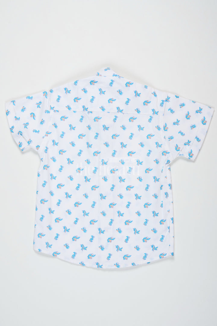 The Nesavu Boys Cotton Shirt Blue Beach Shirt for Boys with Fun Dino Print Half Sleeves Lightweight Cotton Fabric Nesavu Blue Dino Print Boys Cotton Beach Shirt Nesavu Fun Half Sleeves Lightweight Casual Wear Summer