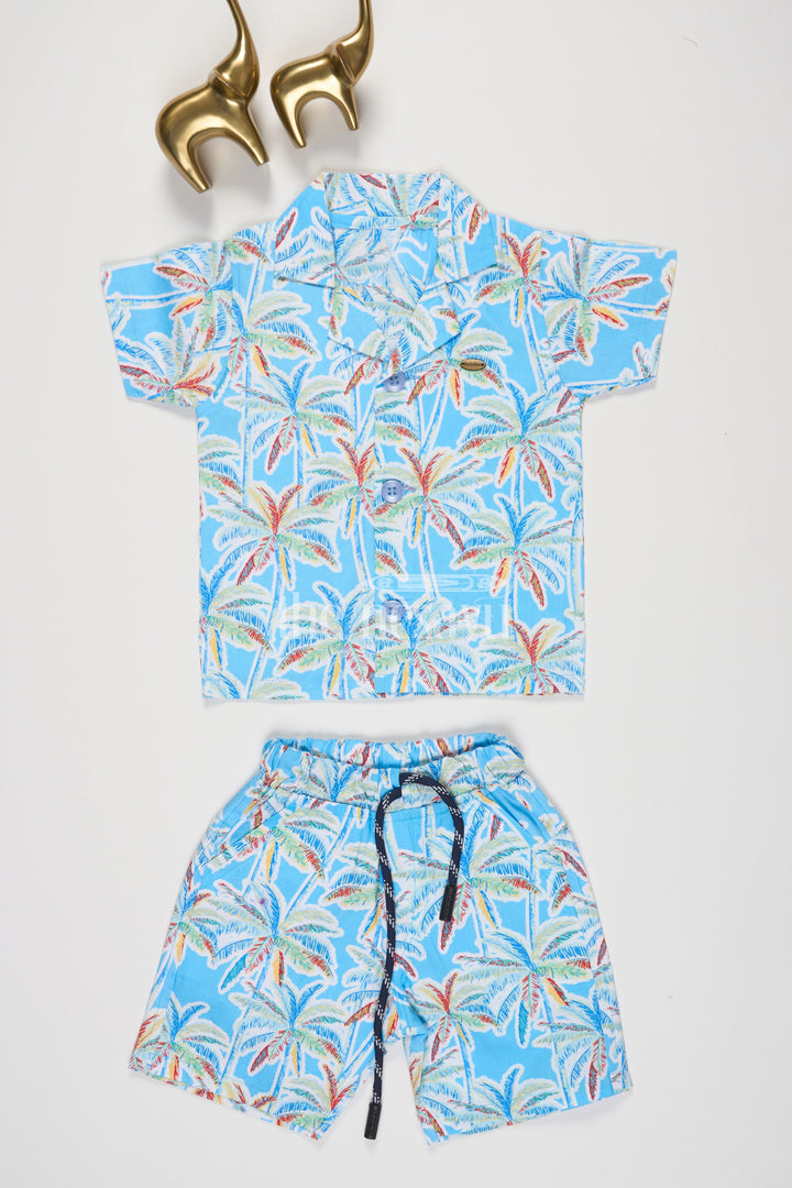 The Nesavu Boys Casual Set Blue Beachwear Coat Set with Shorts for Boys Nesavu 12 (3M) / Green BCS110B-12 Blue Beachwear Coat Set with Coconut Tree Print for Boys - Nesavu