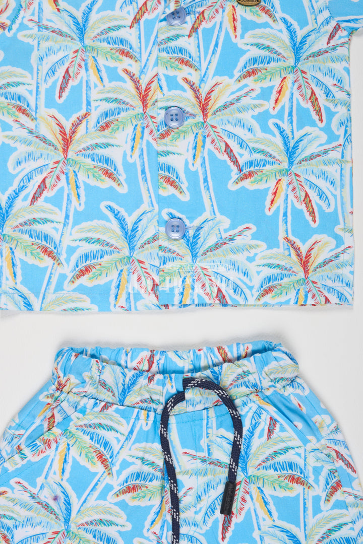 The Nesavu Boys Casual Set Blue Beachwear Coat Set with Shorts for Boys Nesavu Blue Beachwear Coat Set with Coconut Tree Print for Boys - Nesavu