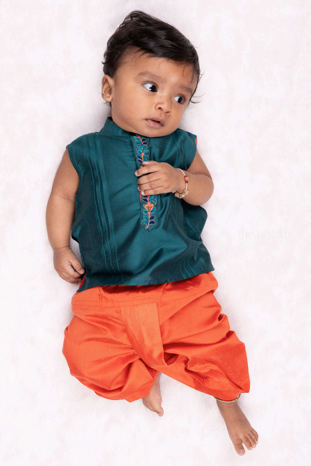 The Nesavu Boys Dothi Set Blue Bloom: Elegant Floral Embroidered Dupion Shirt & Pink Dhoti Ensemble for Boys Nesavu 12 (3M) / Blue / Dupioni Silk BES397A-12 Trendy Boys Ethnic Shirt with Dhoti Sets | Latest Panchagajam Designs | The Nesavu