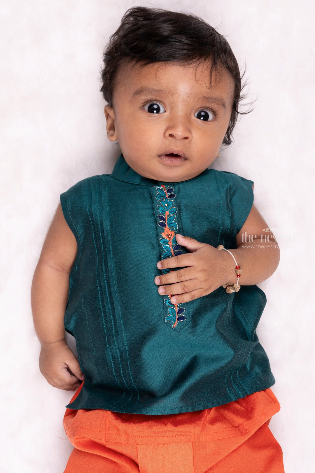 The Nesavu Boys Dothi Set Blue Bloom: Elegant Floral Embroidered Dupion Shirt & Pink Dhoti Ensemble for Boys Nesavu Trendy Boys Ethnic Shirt with Dhoti Sets | Latest Panchagajam Designs | The Nesavu