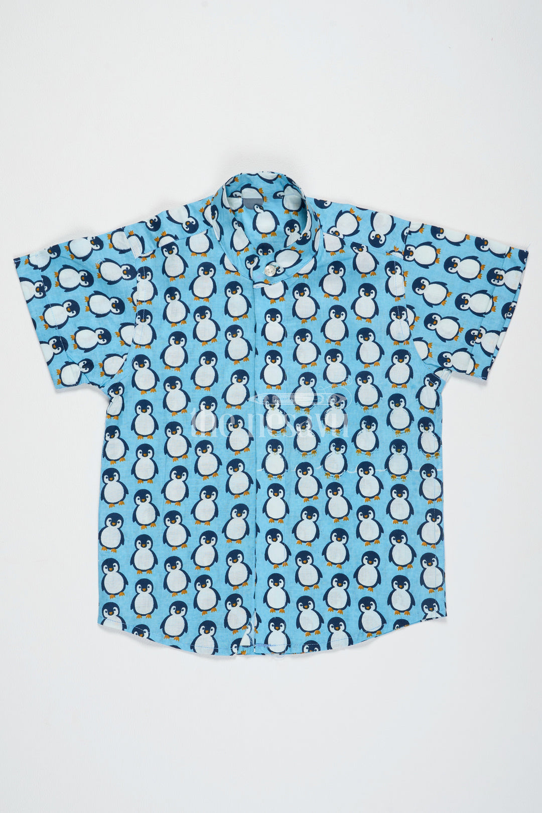 The Nesavu Boys Cotton Shirt Blue Boys Cotton Shirt with Penguin Print Half Sleeves Fun Design Easy Care Nesavu 16 (1Y) / Blue BS186A-16 Blue Penguin Print Boys Cotton Shirt Nesavu Fun Half Sleeve Design Playdates Casual Wear