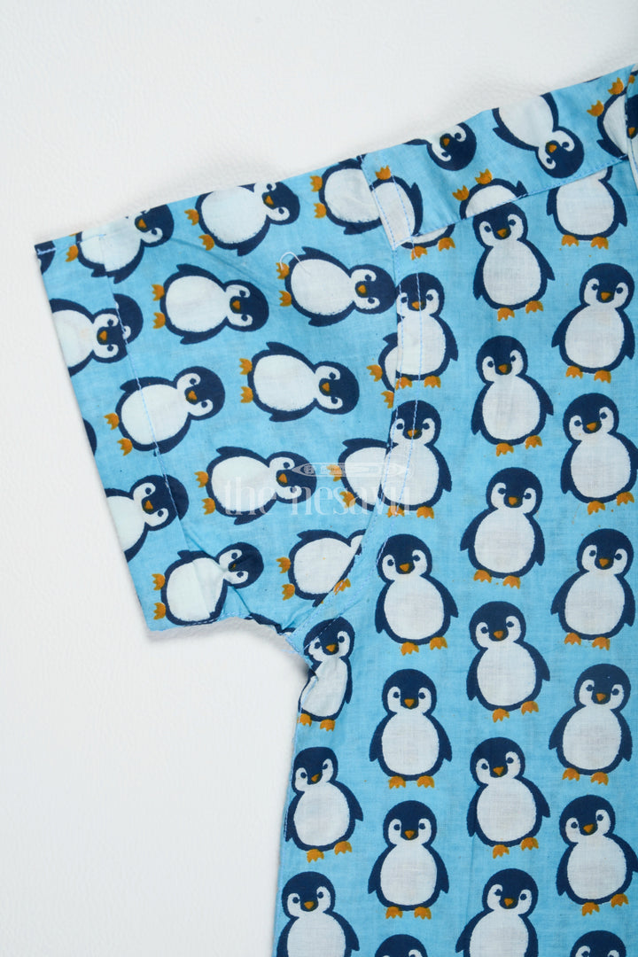 The Nesavu Boys Cotton Shirt Blue Boys Cotton Shirt with Penguin Print Half Sleeves Fun Design Easy Care Nesavu Blue Penguin Print Boys Cotton Shirt Nesavu Fun Half Sleeve Design Playdates Casual Wear