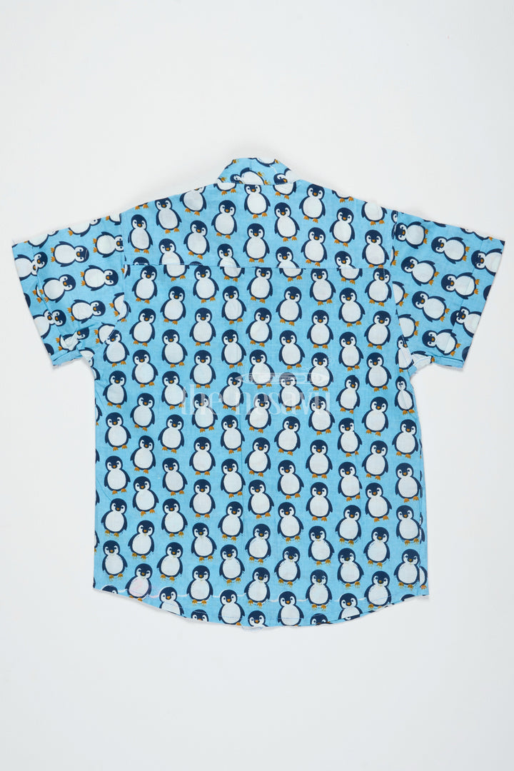 The Nesavu Boys Cotton Shirt Blue Boys Cotton Shirt with Penguin Print Half Sleeves Fun Design Easy Care Nesavu Blue Penguin Print Boys Cotton Shirt Nesavu Fun Half Sleeve Design Playdates Casual Wear