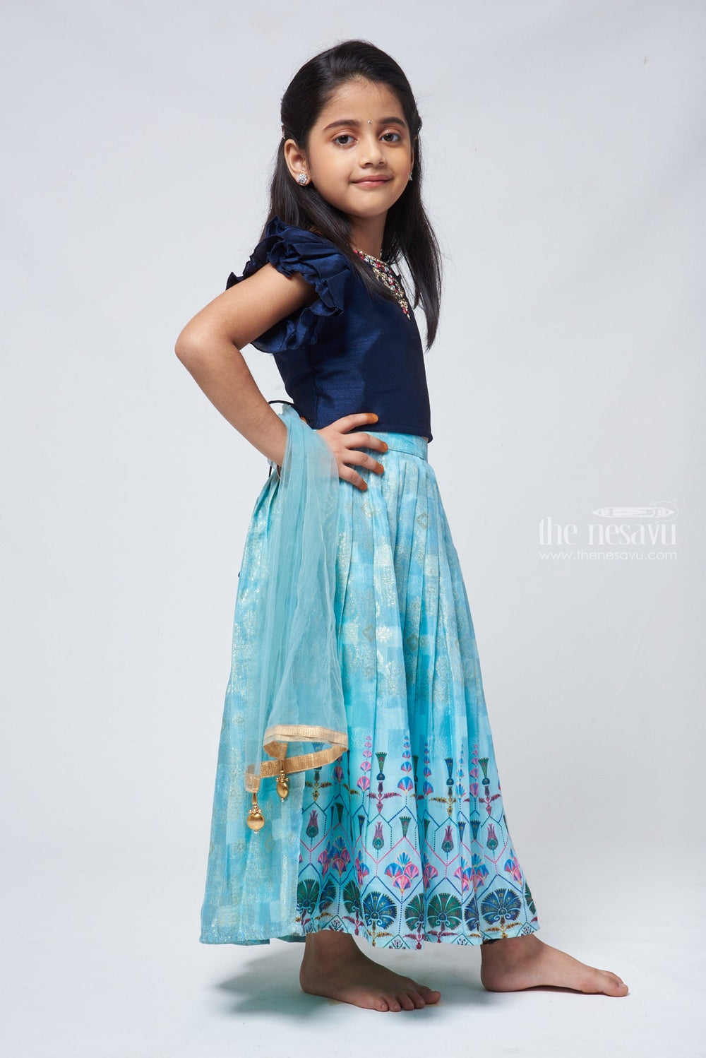 The Nesavu Lehenga & Ghagra Blue Brilliance Jaquard Pleats in Chanderi Lehenga Gaghra for Young Starlets Nesavu Chanderi Lehenga Gaghra For Young | Langa Voni For Girls | The Nesavu