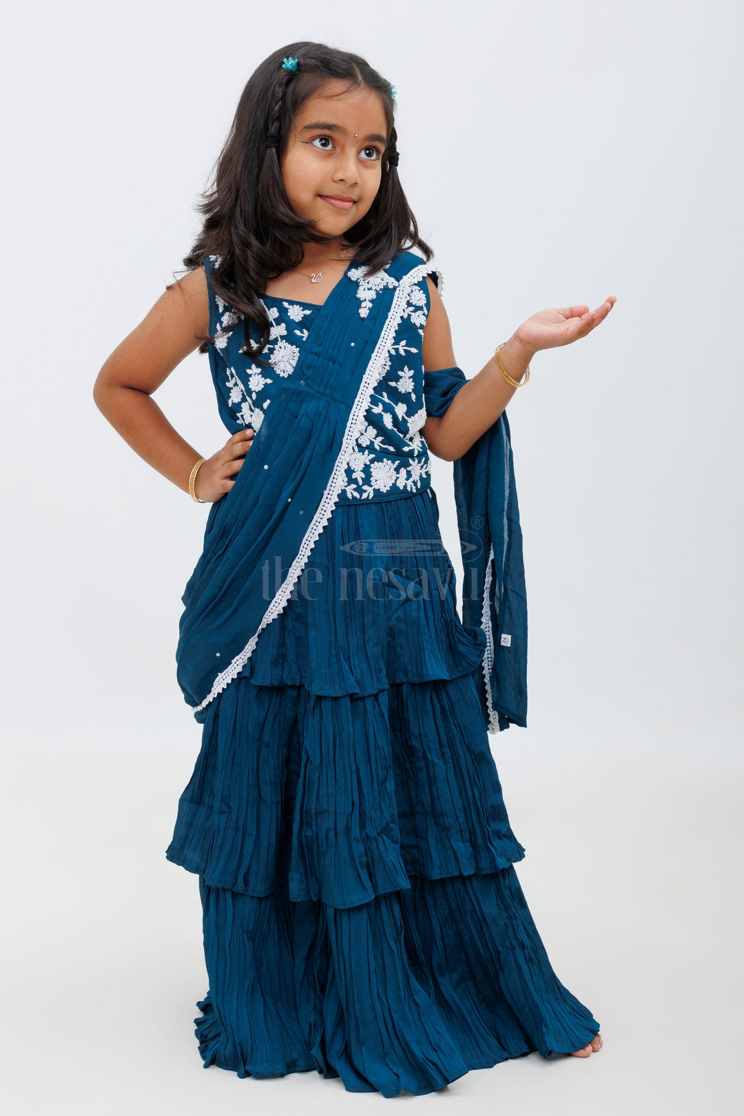 The Nesavu Girls Lehenga Choli Blue Chinon Silk Designer Lehenga Choli with White Embroidery and Layered Skirt for Girls Nesavu 18 (2Y) / Blue GL468A-18 Blue Chinon Silk Designer Lehenga Choli with White Embroidery and Layered Skirt for Girls Nesavu