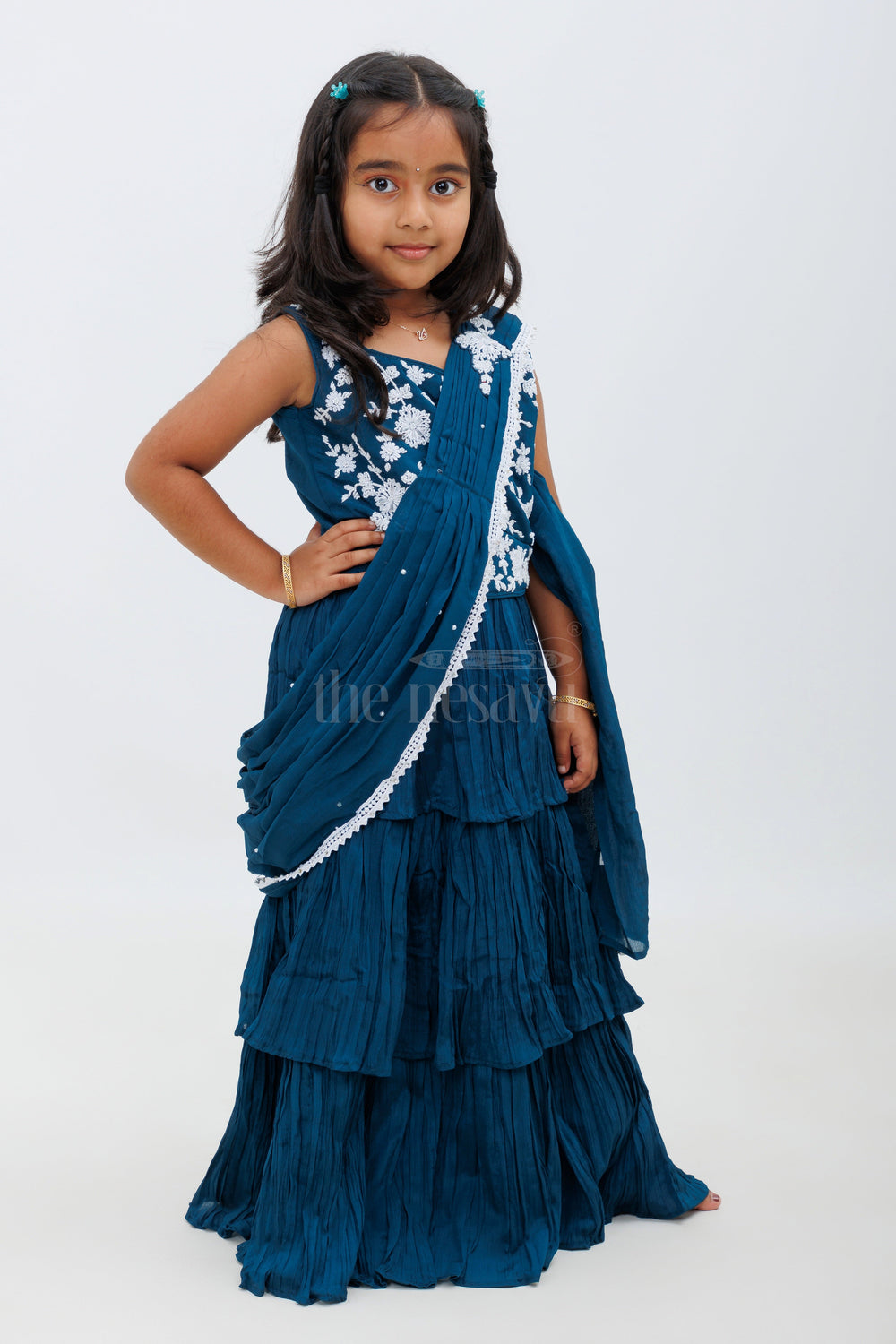 The Nesavu Girls Lehenga Choli Blue Chinon Silk Designer Lehenga Choli with White Embroidery and Layered Skirt for Girls Nesavu Blue Chinon Silk Designer Lehenga Choli with White Embroidery and Layered Skirt for Girls Nesavu