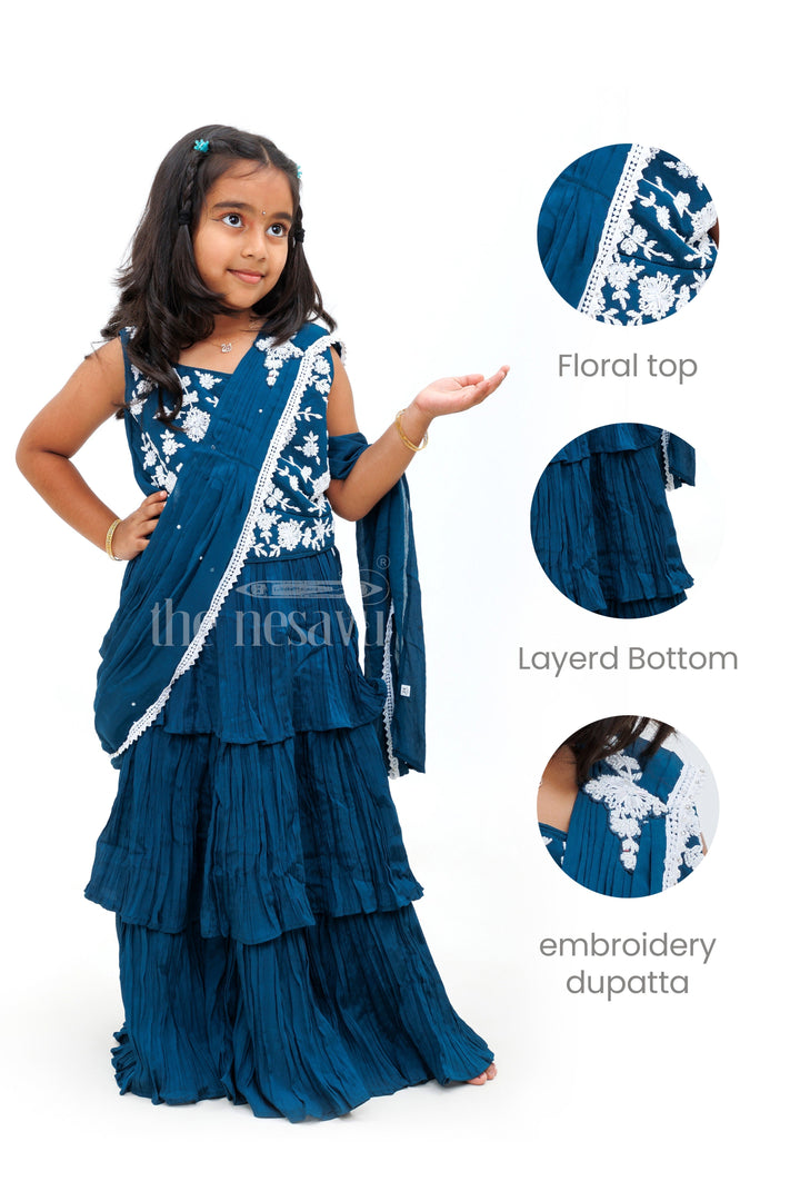 The Nesavu Girls Lehenga Choli Blue Chinon Silk Designer Lehenga Choli with White Embroidery and Layered Skirt for Girls Nesavu Blue Chinon Silk Designer Lehenga Choli with White Embroidery and Layered Skirt for Girls Nesavu