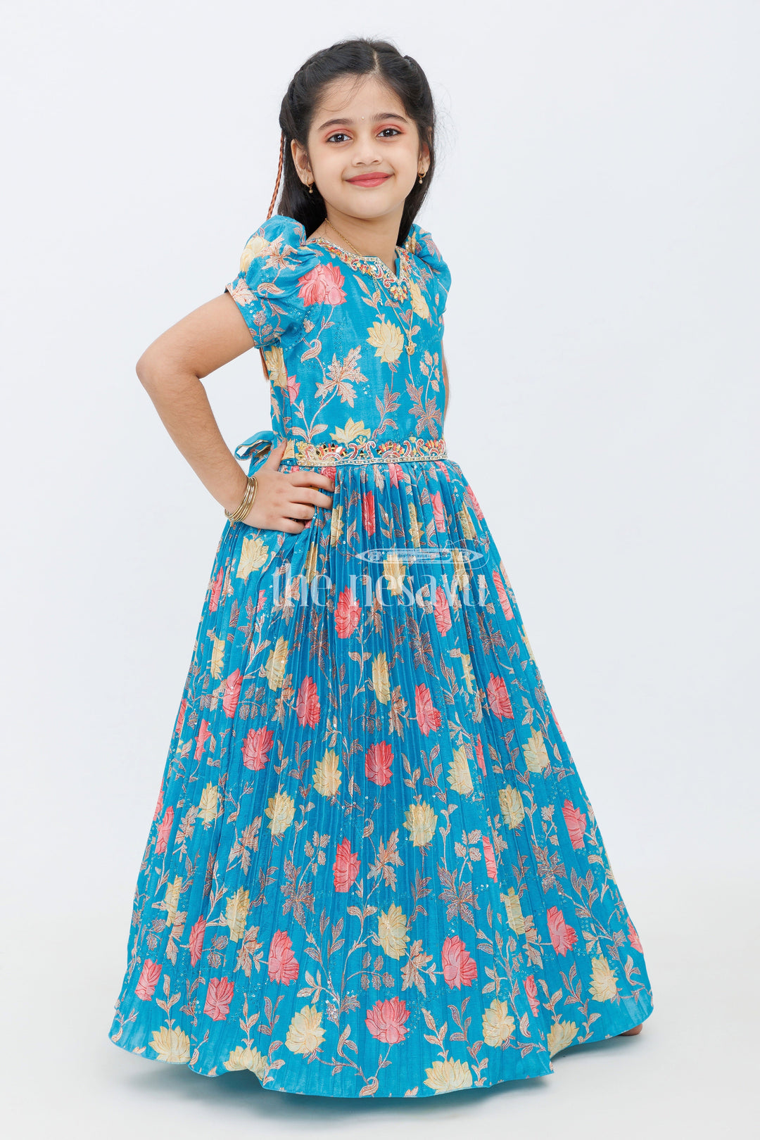 The Nesavu Girls Party Gown Blue Chinon Silk Printed Party Gown with Floral Design for Girls Nesavu Blue Chinon Silk Printed Party Gown with Floral Design for Girls Nesavu