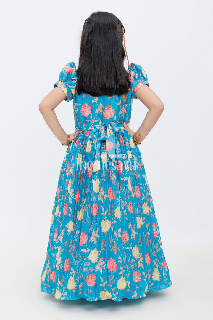 The Nesavu Girls Party Gown Blue Chinon Silk Printed Party Gown with Floral Design for Girls Nesavu Blue Chinon Silk Printed Party Gown with Floral Design for Girls Nesavu