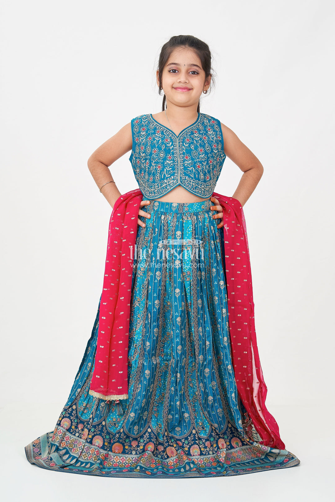 The Nesavu Girls Lehenga Choli Blue Color Lehenga Choli for Girls in Pure Viscose Silk with Mirror Embroidery and Printed Dupatta Nesavu 24 (5Y) / Blue GL625A-24 Blue Color Lehenga Choli for Girls in Pure Viscose Silk with Mirror Embroidery and Printed Dupatta | The Nesavu