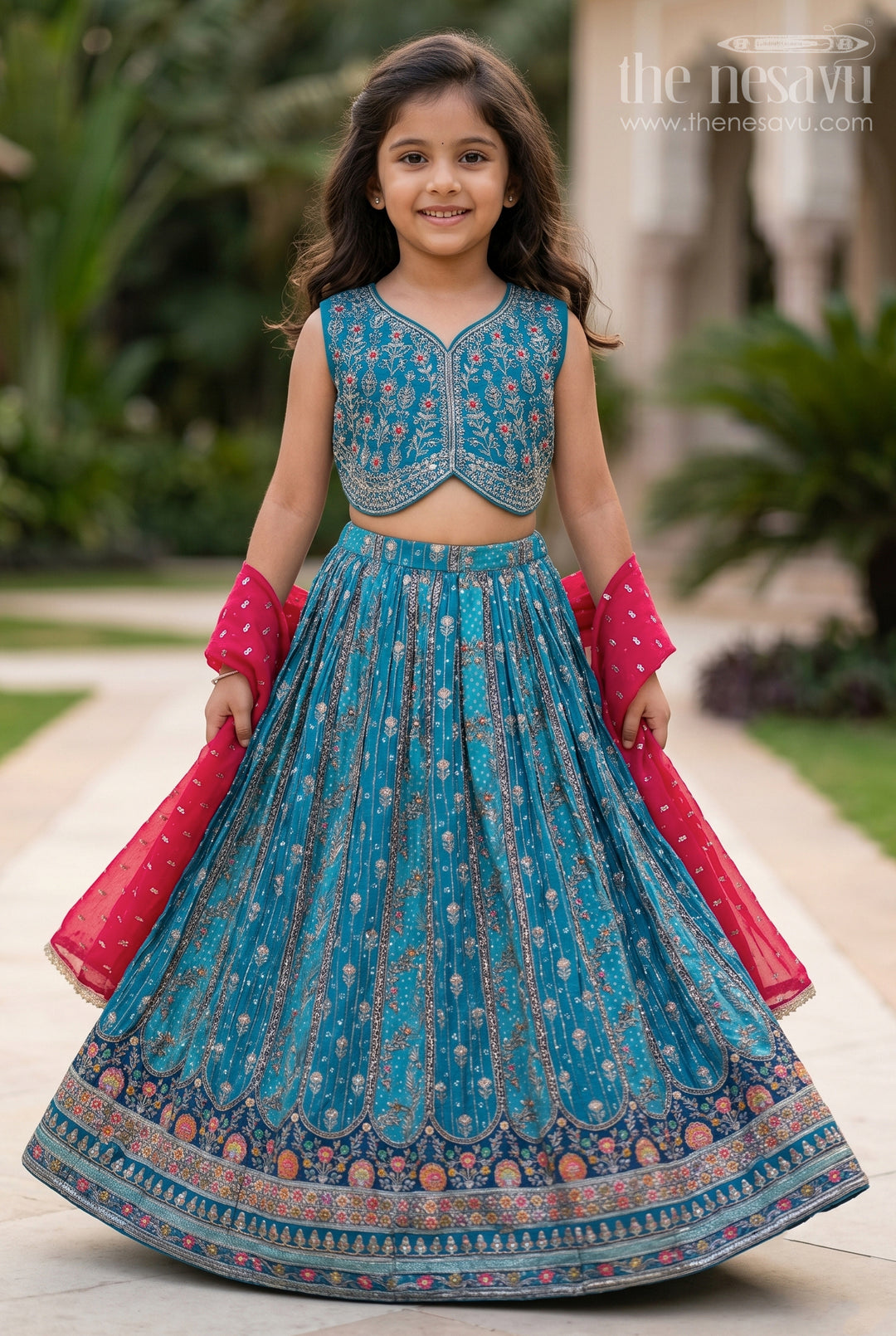 The Nesavu Girls Lehenga Choli Blue Color Lehenga Choli for Girls in Pure Viscose Silk with Mirror Embroidery and Printed Dupatta Nesavu 24 (5Y) / Blue GL625A-24 Blue Color Lehenga Choli for Girls in Pure Viscose Silk with Mirror Embroidery and Printed Dupatta | The Nesavu