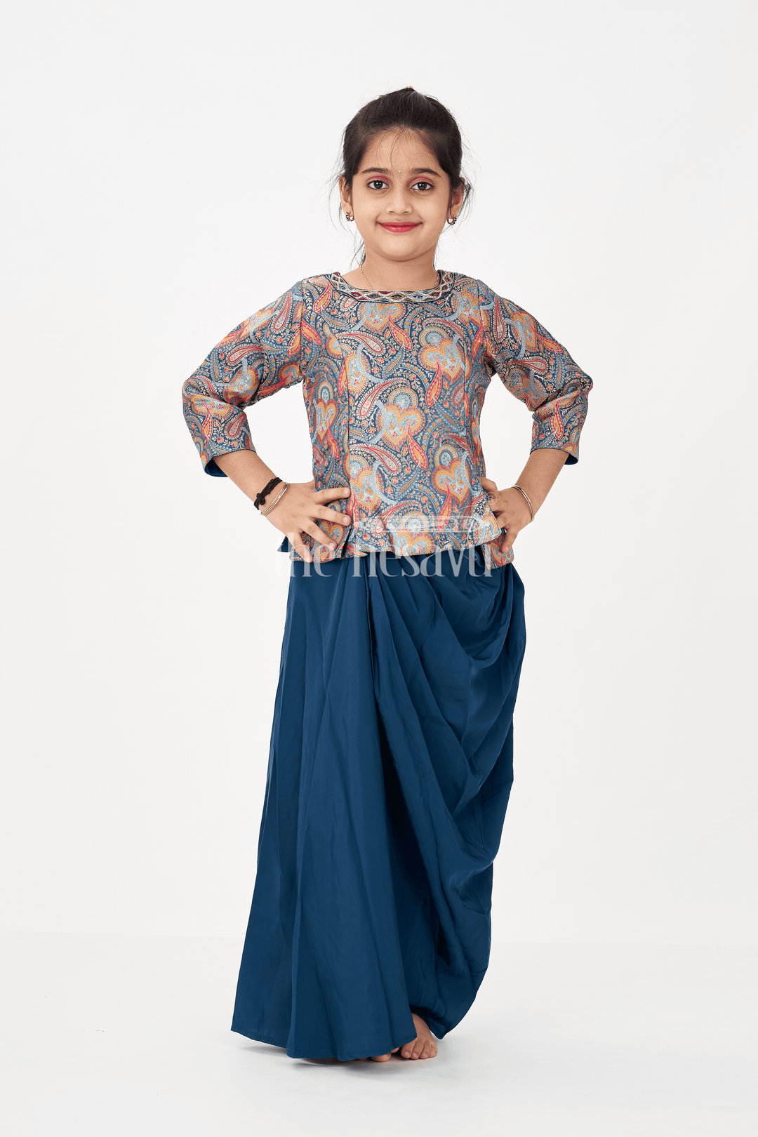 The Nesavu Girls Lehenga Choli Blue Colour Lehenga Girls Set in Glaze Organza with Paisley Digital Print and Elegant Pleated Bottom Nesavu Blue Colour Lehenga Girls Sharara Set in Glaze Organza with Paisley Print and Pleated Bottom | The Nesavu