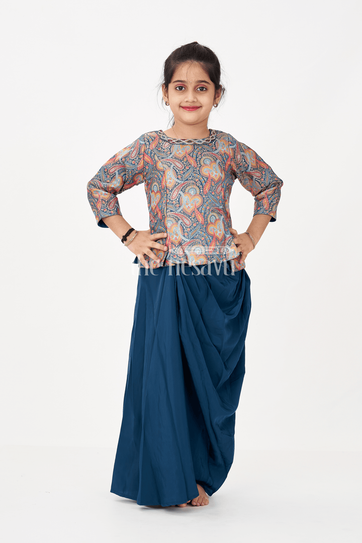 The Nesavu Girls Lehenga Choli Blue Colour Lehenga Girls Set in Glaze Organza with Paisley Digital Print and Elegant Pleated Bottom Nesavu Nesavu Blue Colour Lehenga Girls Sharara Set in Glaze Organza with Paisley Print and Pleated Bottom