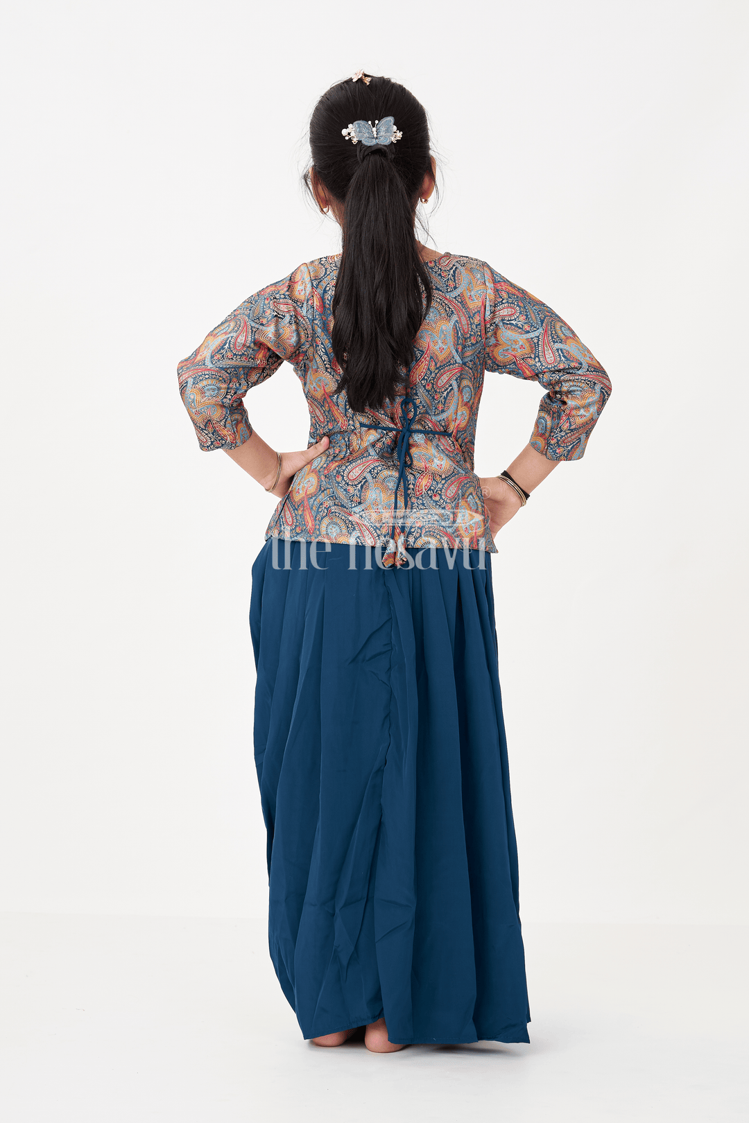 The Nesavu Girls Lehenga Choli Blue Colour Lehenga Girls Set in Glaze Organza with Paisley Digital Print and Elegant Pleated Bottom Nesavu Nesavu Blue Colour Lehenga Girls Sharara Set in Glaze Organza with Paisley Print and Pleated Bottom