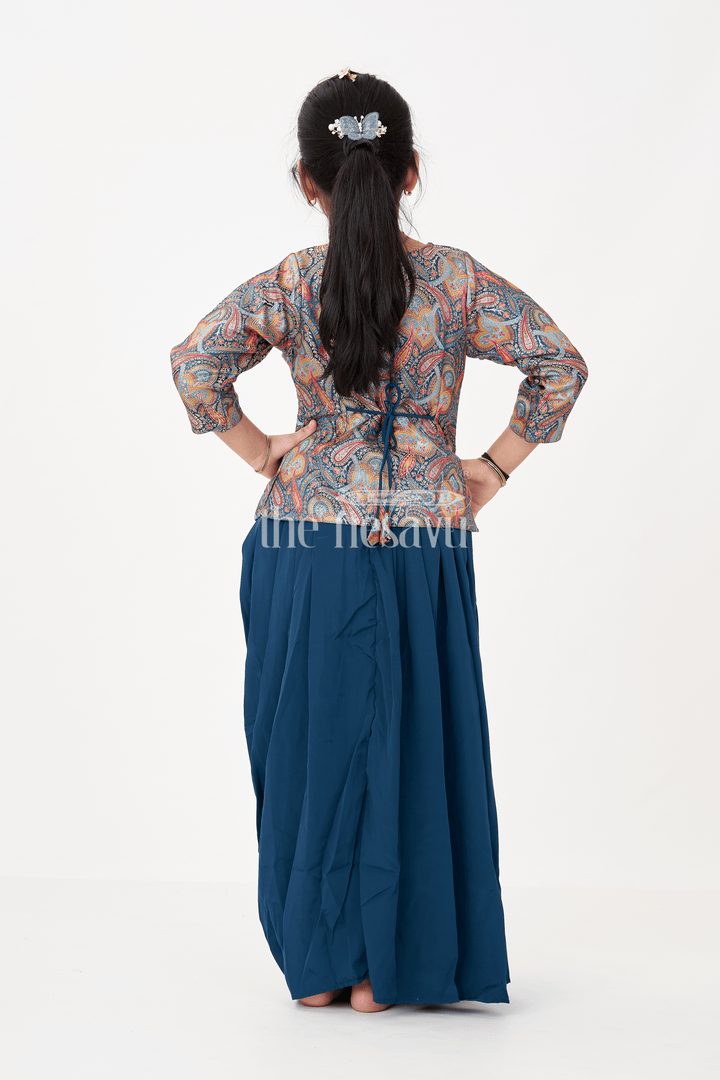 The Nesavu Girls Lehenga Choli Blue Colour Lehenga Girls Set in Glaze Organza with Paisley Digital Print and Elegant Pleated Bottom Nesavu Nesavu Blue Colour Lehenga Girls Sharara Set in Glaze Organza with Paisley Print and Pleated Bottom