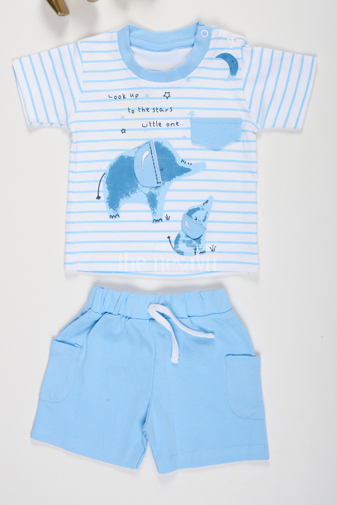 The Nesavu Baby Casual Sets Blue Cotton Baby T-Shirt and Shorts Set with Elephant Graphic for Baby Nesavu 12 (3M) / Blue BCS136A-12 Blue Cotton Baby T-Shirt Shorts Set Elephant Design Nesavu Baby Summer Outfit