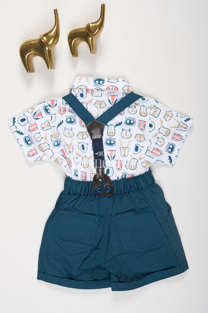 The Nesavu Boys Casual Set Blue Cotton Boys Suspender Set with Animal Print Shirt Nesavu Blue Cotton Boys' Suspender Set with Animal Print Shirt - Nesavu