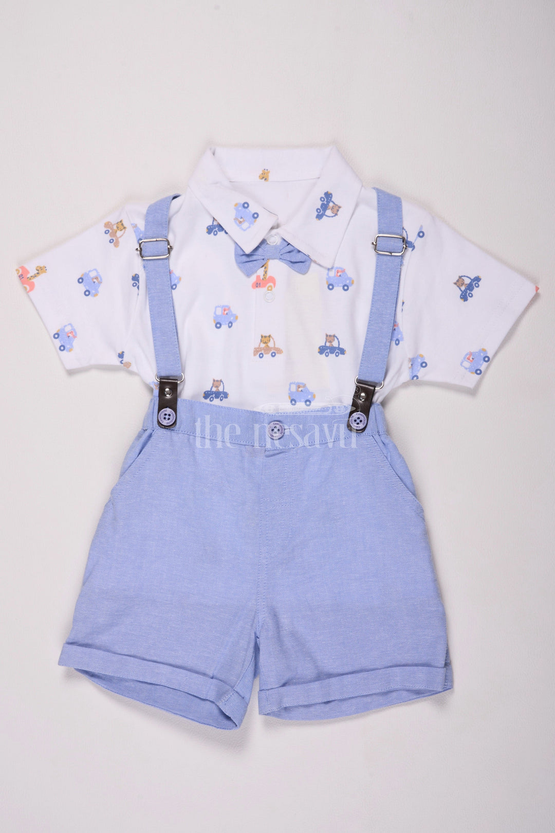 The Nesavu Boys Casual Set Blue Cotton Boys Suspender Suit Set with Cap Nesavu 12 (3M) / Blue BCS095A-12 Blue Cotton Boys' Suspender Suit Set with Cap - Nesavu