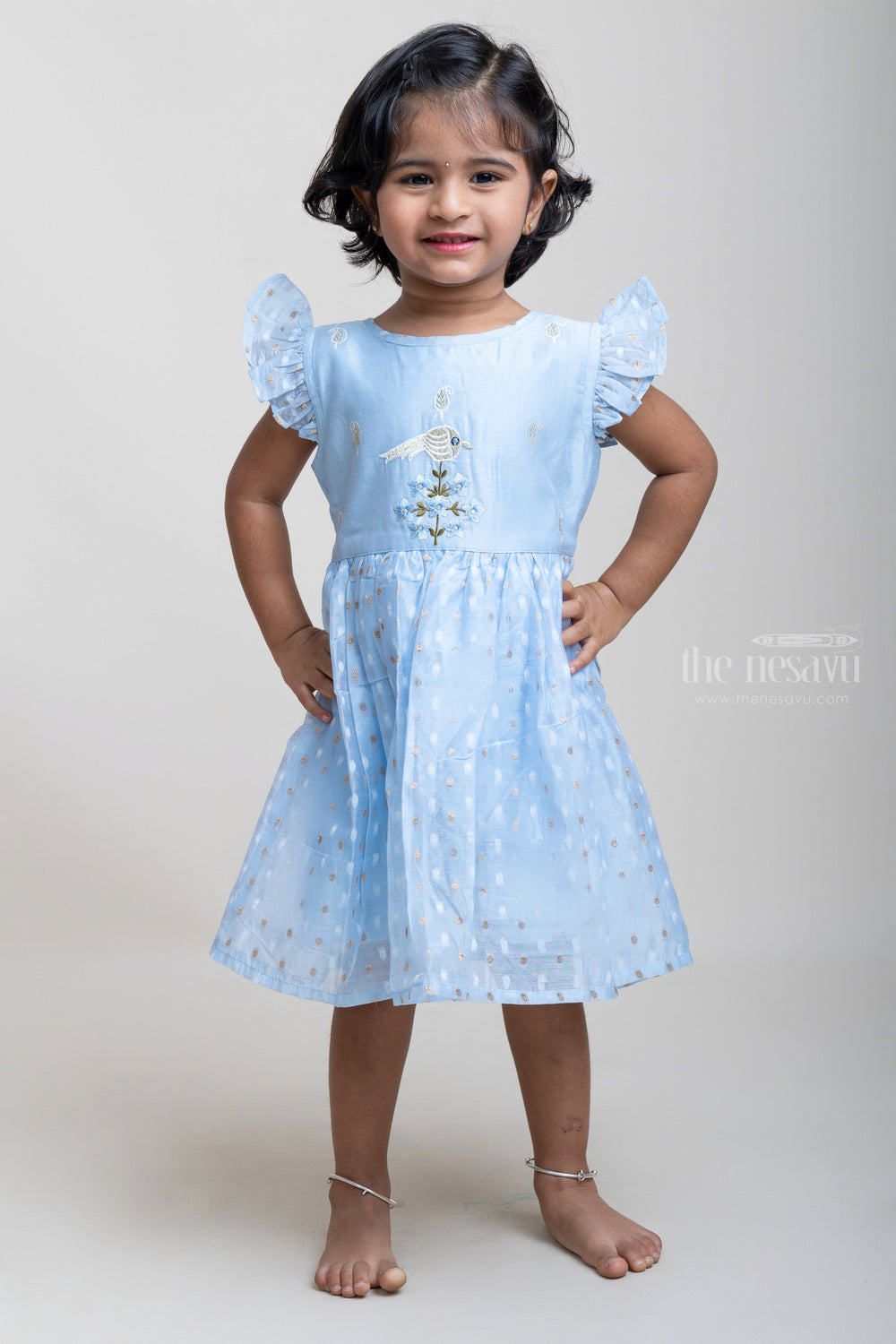 The Nesavu Girls Fancy Frock Blue Cotton Frock With Designer Thread Embroidery For Girls Nesavu Best Cotton Daily Wear Frocks | Kidsfrocks | The Nesavu